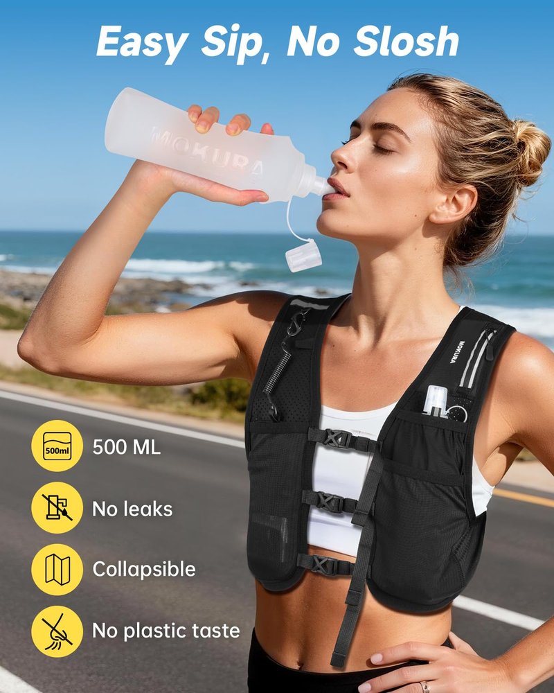 MOKURA Running Vest for Women Men, Lightweight Hydration Vest with 500ML Soft Flask & Phone Holder, Reflective Running Backpack, Adjustable Run Pack Water Bottle, Runner Marathon Essentials, Black
