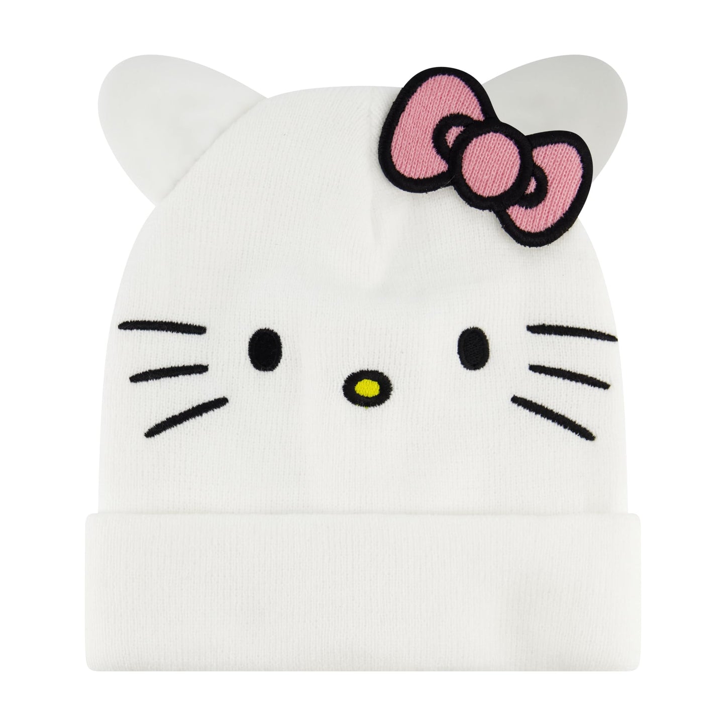 Hello Kitty Beanie Hat, Adult Acrylic Knitted Winter Cap with 3D Ears and Bow, White, One Size