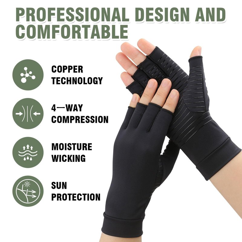 2 Pairs Copper Arthritis Gloves, Fingerless Compression Gloves for Men and Women, Pain Relief and Healing for Arthritis Hand, Carpal Tunnel, Typing and Daily Work (Black, Medium)