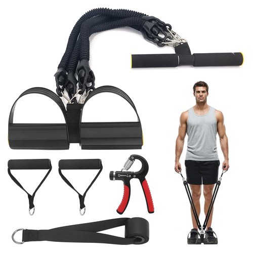 2026 Upgrade Pedal Resistance Band, 4-Tube Elastic Pull Rope Fitness Sit-up Exercise Equipment at Home Gym Arm Abs Workout Equipment Leg Stretching Equipment with 1Pcs Grip Strength Trainer (Black)