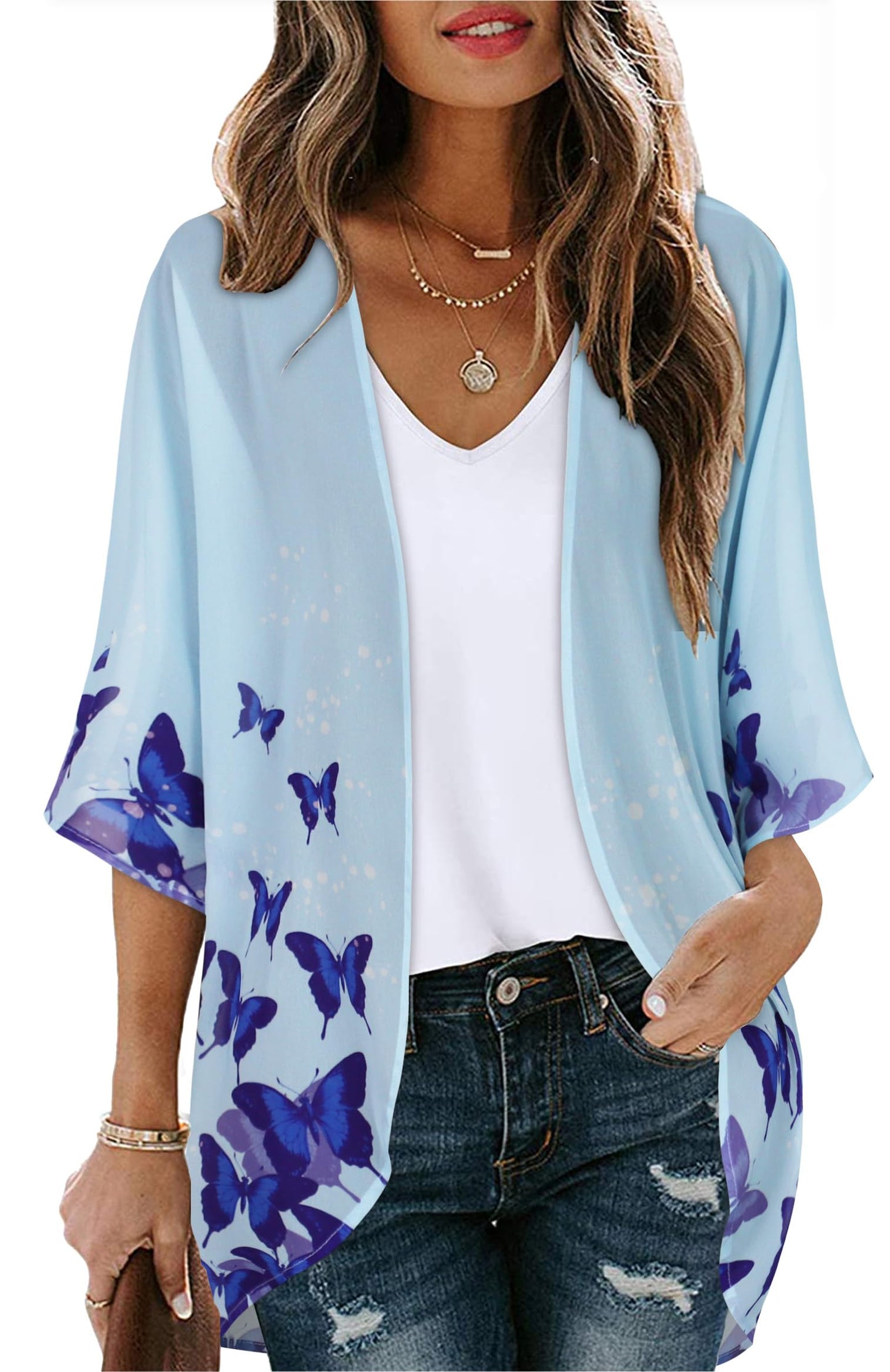Women's Kimono Floral Cardigan Print Puff Cover Up Casual Blouse Summer Tops (Butterflies on Blue, L)
