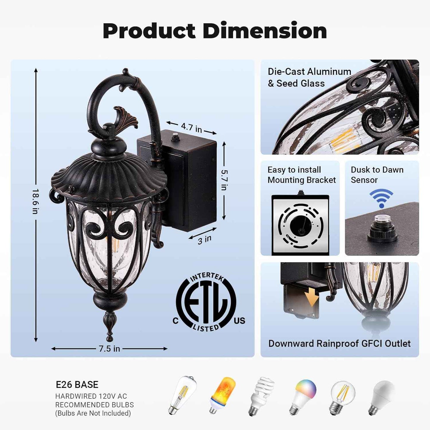 Outdoor Dusk to Dawn Porch Light with GFCI Outlet - 18.6" Waterproof Bronze Lantern