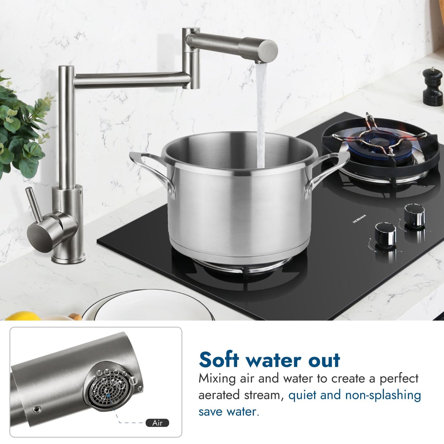 Cinwiny Deck Mounted Pot Filler Faucet Hot and Cold Water Single Handle Countertop Double Joints 360° Rotating Retractable Commercial Kitchen Sink Faucet Stainless Steel, Brushed Nickel