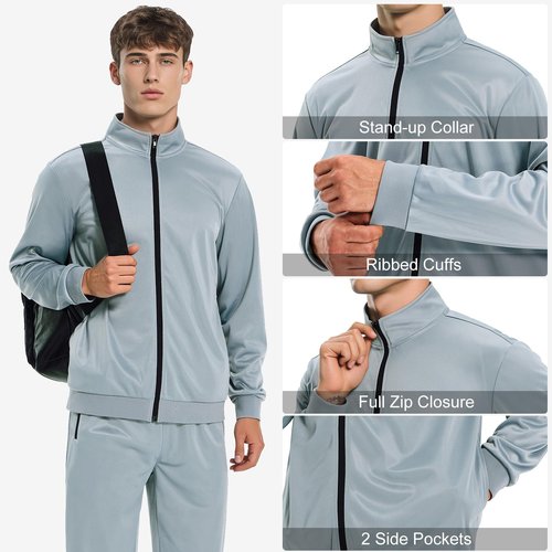 HODOSPORTS Mens Tracksuits 2 Piece Full Zip Jogging Running Suits SweatSuits for Men Shiny Sport Track Suits Sets Light Gray L