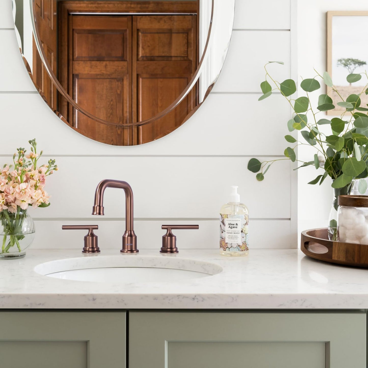 WOWOW Widespread Bathroom Faucet 3 Holes Bathroom Sink Faucet 2 Handle Vanity Faucet with Pop up Drain and Supply Lines Farmhouse Basin Tap 8 Inch Rose Gold