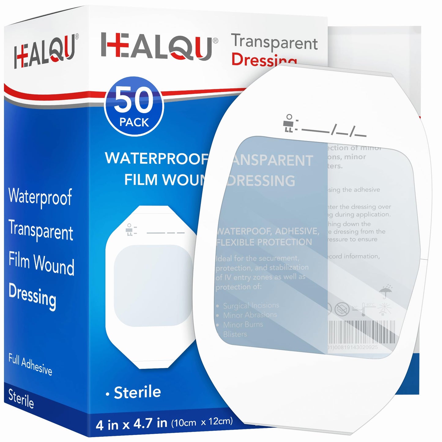 Transparent Film Dressing 4" x 4.75" (50 Pack) – Waterproof Adhesive Wound Bandages for Post-Surgical Shower, IV Shield, Tattoo Aftercare, Clear Breathable Dressing Patches by HEALQU