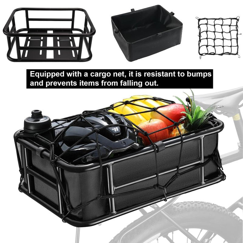 Heavy-Duty Rear Cargo Basket for Bikes & E-Bikes - Includes Waterproof Liner & Adjustable Cargo Net - Universal Fit for Most Bicycles - Perfect for Groceries, Picnic Supplies, and Pet Transport