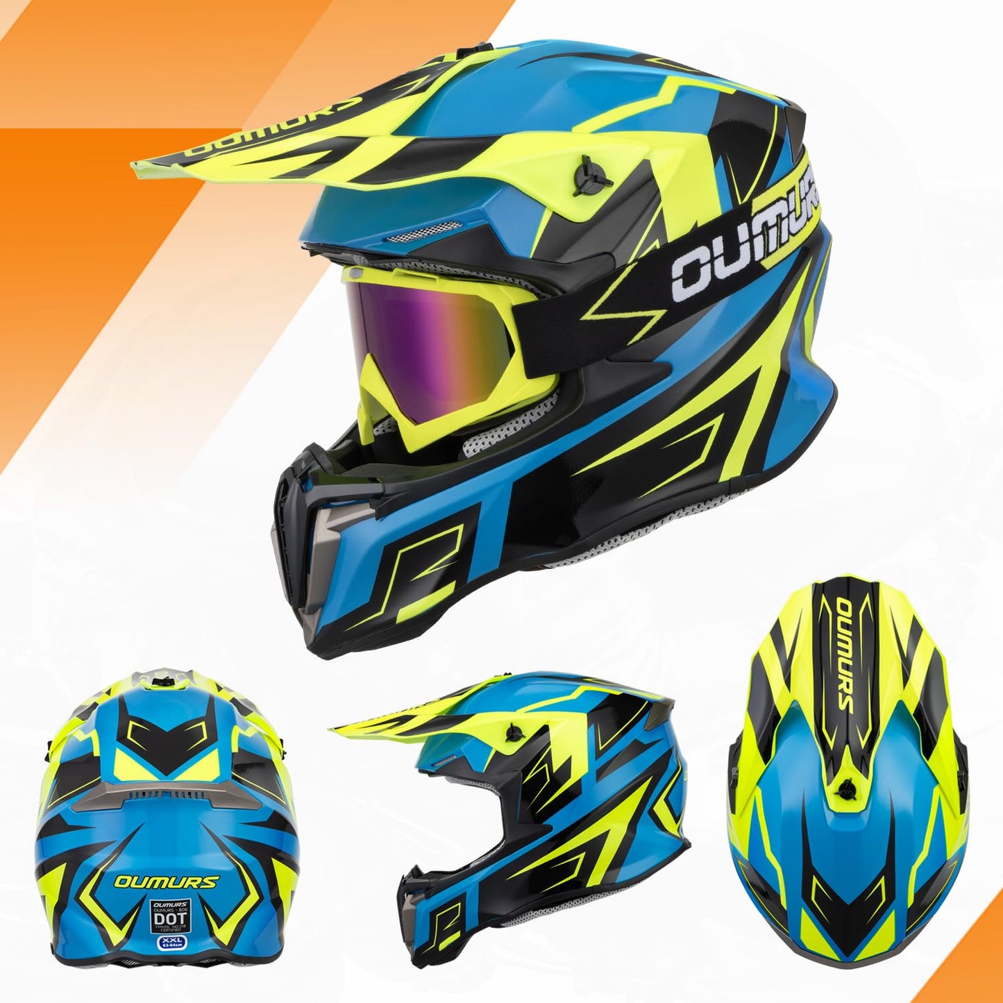 OUMURS Adult ATV Dirt Bike Helmet with Gloves & Mask Adjustable Sun Visor Motorcycle Adult Helmet Off-Road Motocross Downhill Moped MX for Unisex-Adult-Yellow Blue, XL