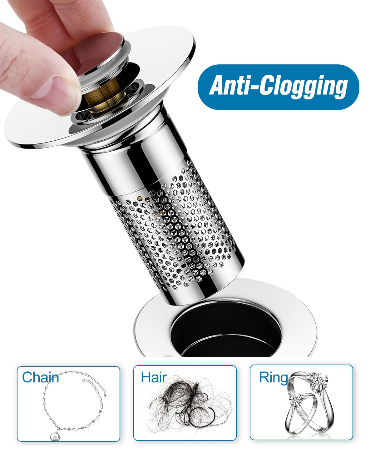 Bathroom Sink Drain Strainer,Pop-up Sink Drain Strainer for U.S. Standard Universal,Hair Catcher Sink Stopper with Removable Stainless Steel Filter Basket