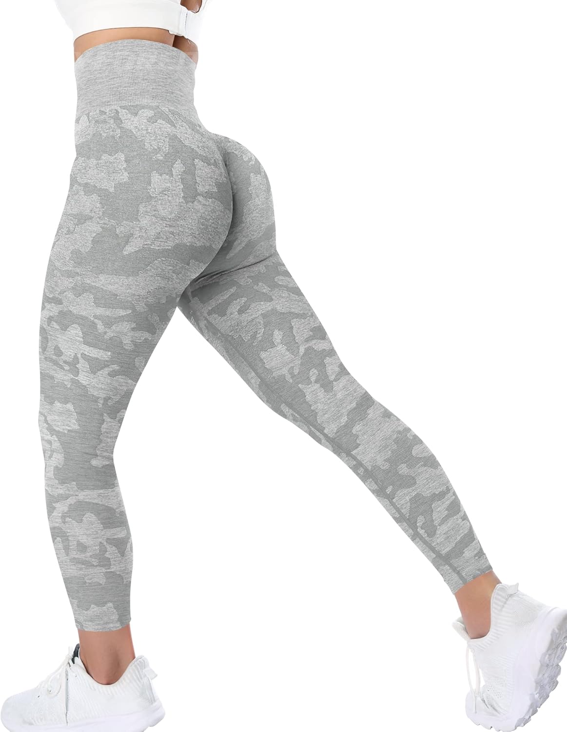 YEOREO Women's High Waisted Camo Workout Leggings - Seamless Tummy Control Yoga Pants | Grey, Size M