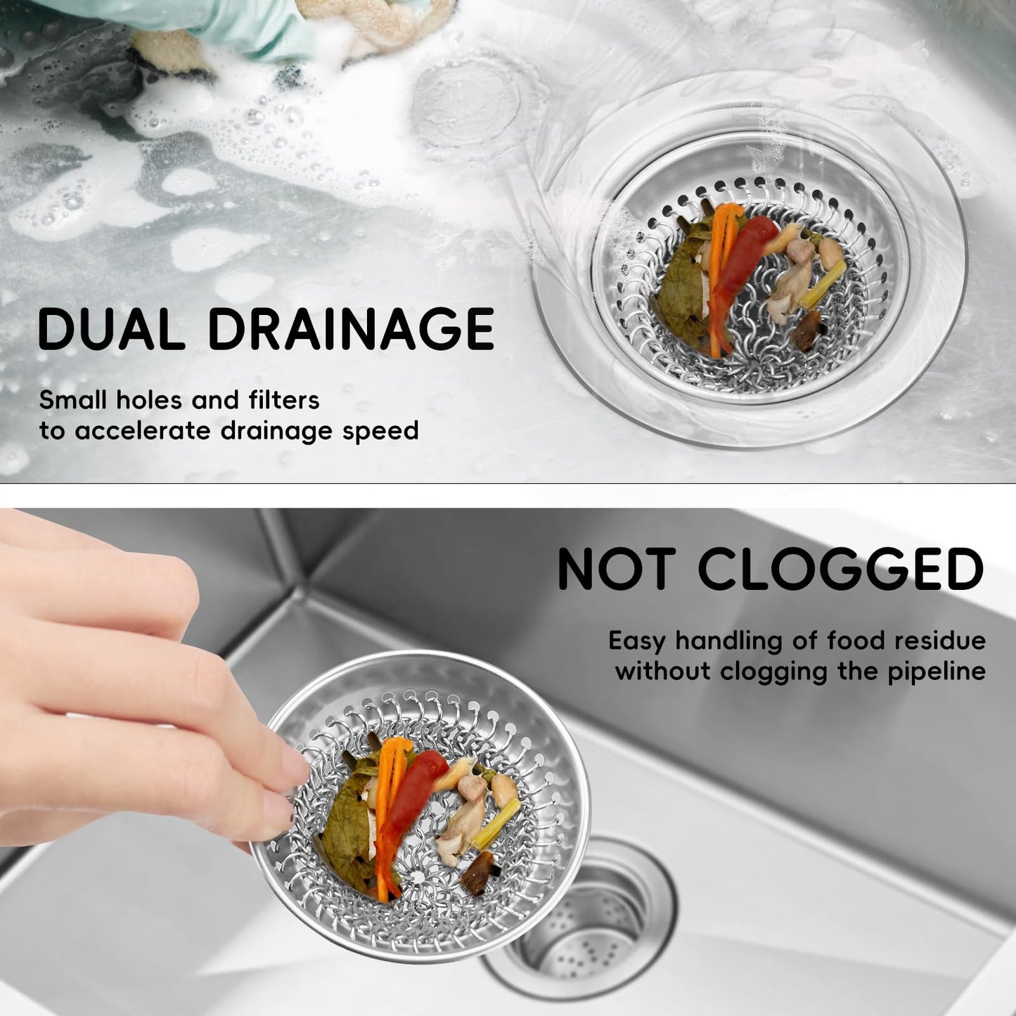 Kitchen Sink Drain Strainer, Wokdada Flexible Insert Mesh Sink Strainer, 304 Stainless Steel Sink Strainer, Clog-Free Garbage Disposal Sink Catcher Strainer, 3.19 Inch Sturdy Metal Sink Screen