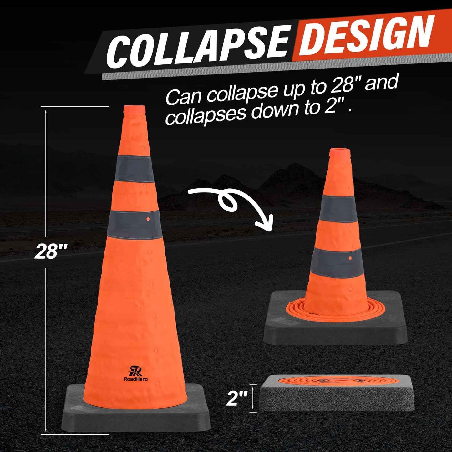 28 Inch Collapsible Traffic Safety Cones - Weighted Base & Reflective Collars, 4 Pack