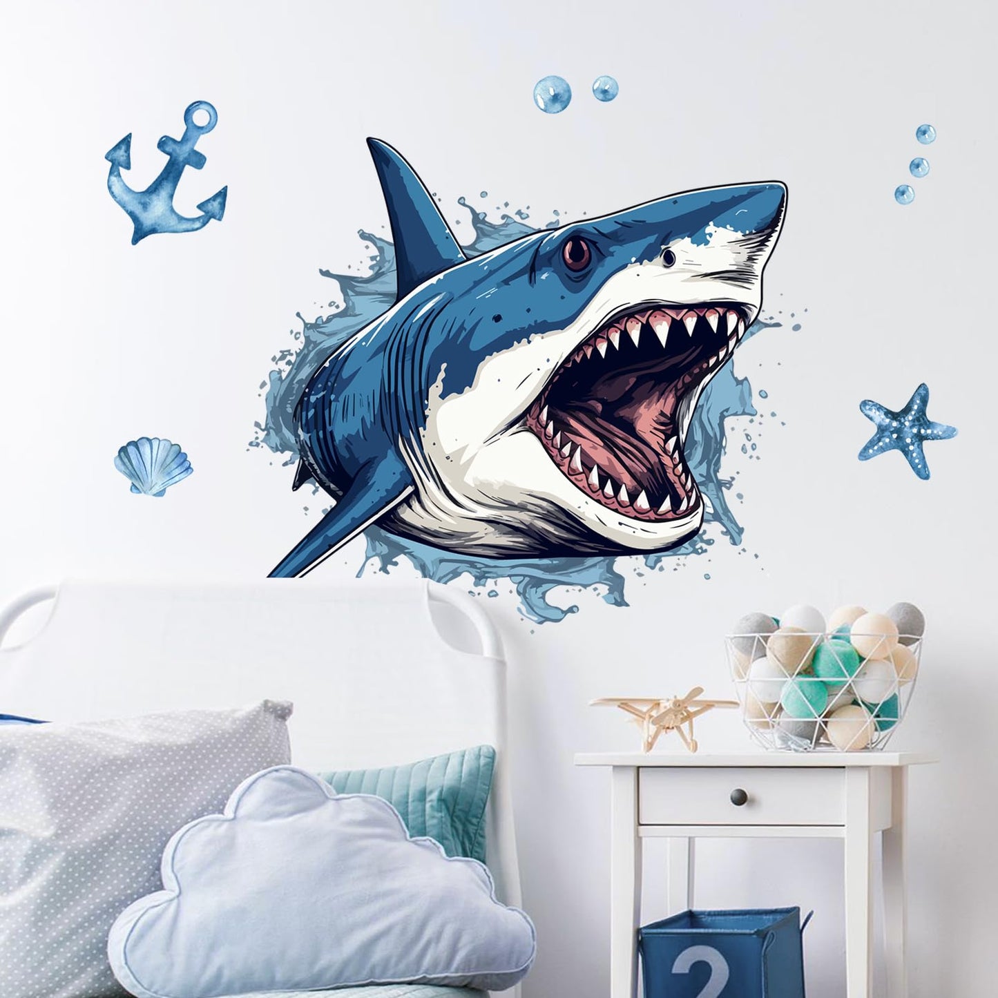 Supzone Large 3D Shark Opening Mouth Wall Decals, 23.6 * 30.7 inches Ocean Wall Sticker Self-Adhesive for Boys Bedroom Livingroom Nursery Playroom Classroom