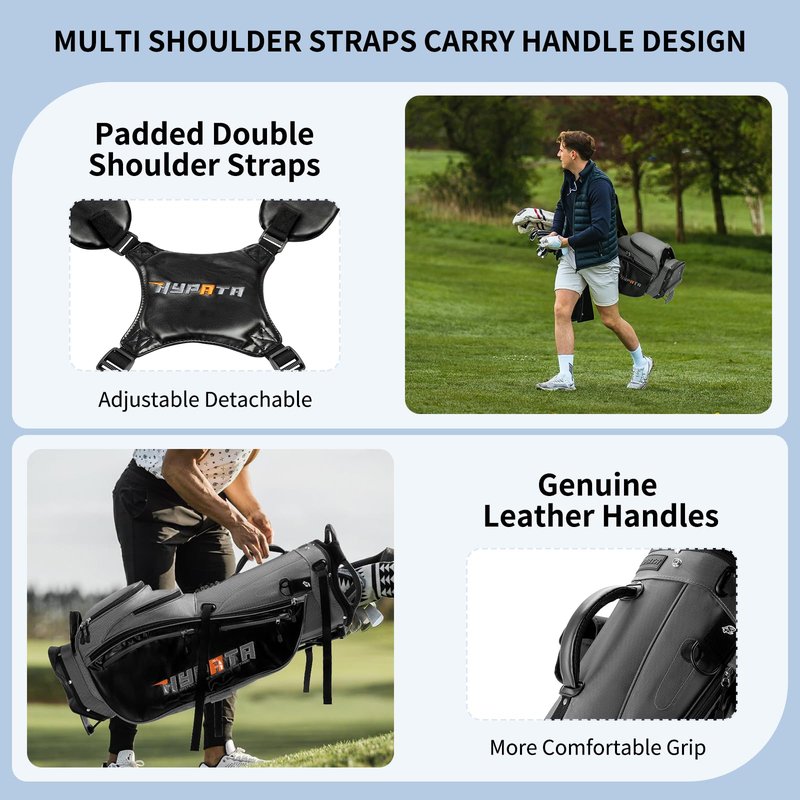 HYPATA 14 Way Golf Stand Bag-Lightweight Golf Bag for Men Women, Premium PU Leather Golf Bag with Stand, 8 Pockets, Cooler Pouch, Rangefinder Pouch, Detachable Dual Strap, Rain Cover Hood, Gray
