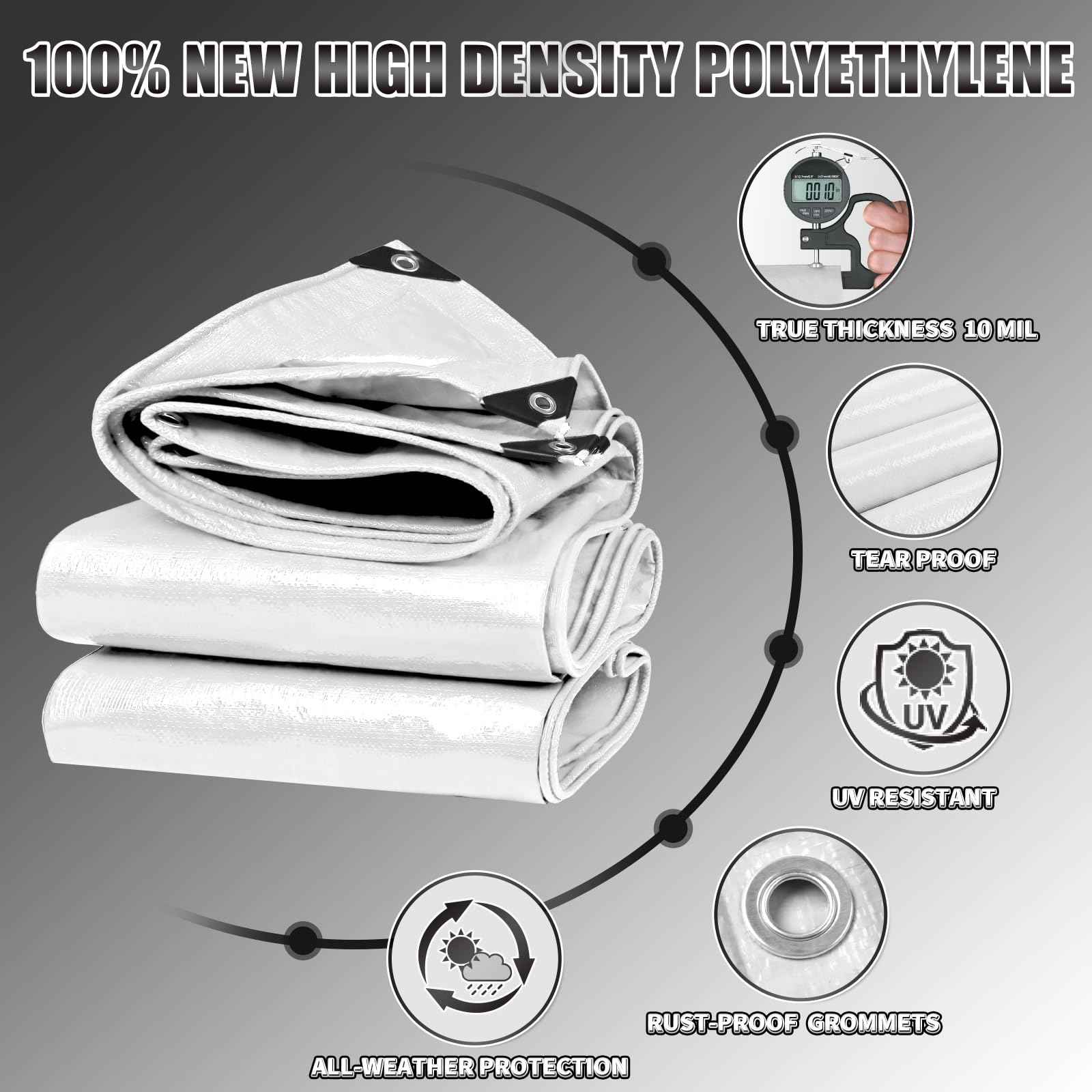 TA*RP YXCN White Tarp 10x12 Feet, 10 Mil Thick Waterproof Poly Tarps Cover UV Resistant, Rip & Tear Proof with Metal Grommets Every 20 Inches