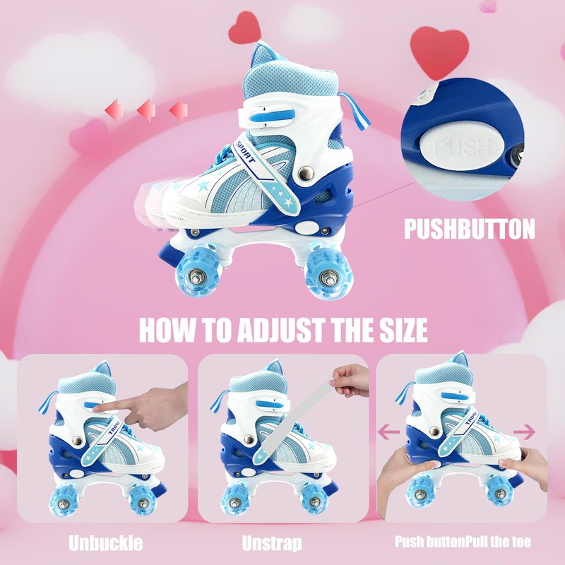 Adjustable Roller Skates for Boys Girls Ages 3-12, All 8 Wheels of Roller Skates Light Up with Protective Gear Set Gift for Youth Kids Indoor & Outdoor Beginners