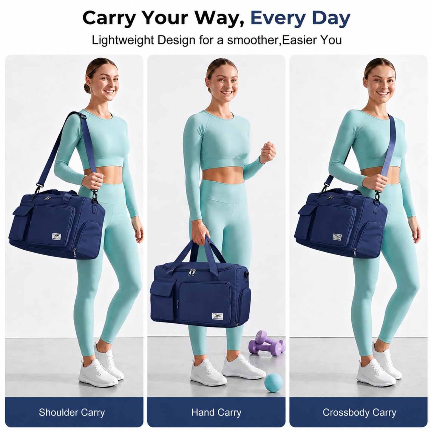 FIORETTO Women's Gym Duffle Bag with Shoes Compartment, 30L Capacity, Ideal for Travel, Gym, Sports, Duffel, Weekender, Navy Blue