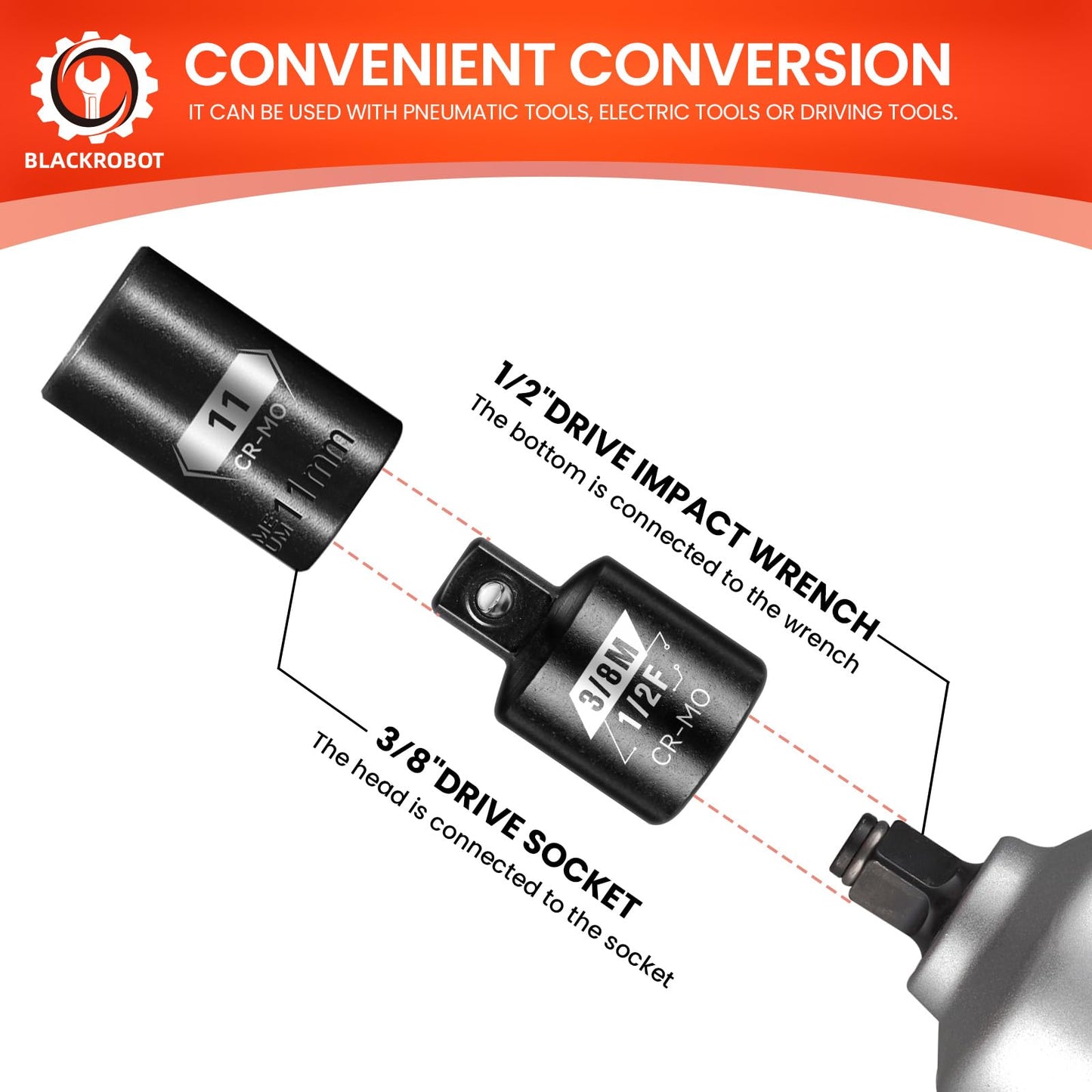 BLACKROBOT 2PCS Impact Socket Adapter and Reducer Set, 3/8" to 1/2" & 1/2" to 3/8" Socket Adapter Set, SAE Drive Cr-Mo Steel Exceeds ANSI Standards, Square Drive Adapter for Impact Driver Wrench
