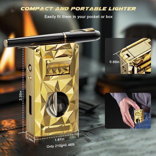 Triple Torch Lighter 5-in-1 with Cutter, Punch, Holder, Draw Enhancer Tool, Windproof Jet Flames, Gifts for Men, Multi-Functional Accessories, Butane Refillable All-in-1 Lighter for Travel, Outdoors