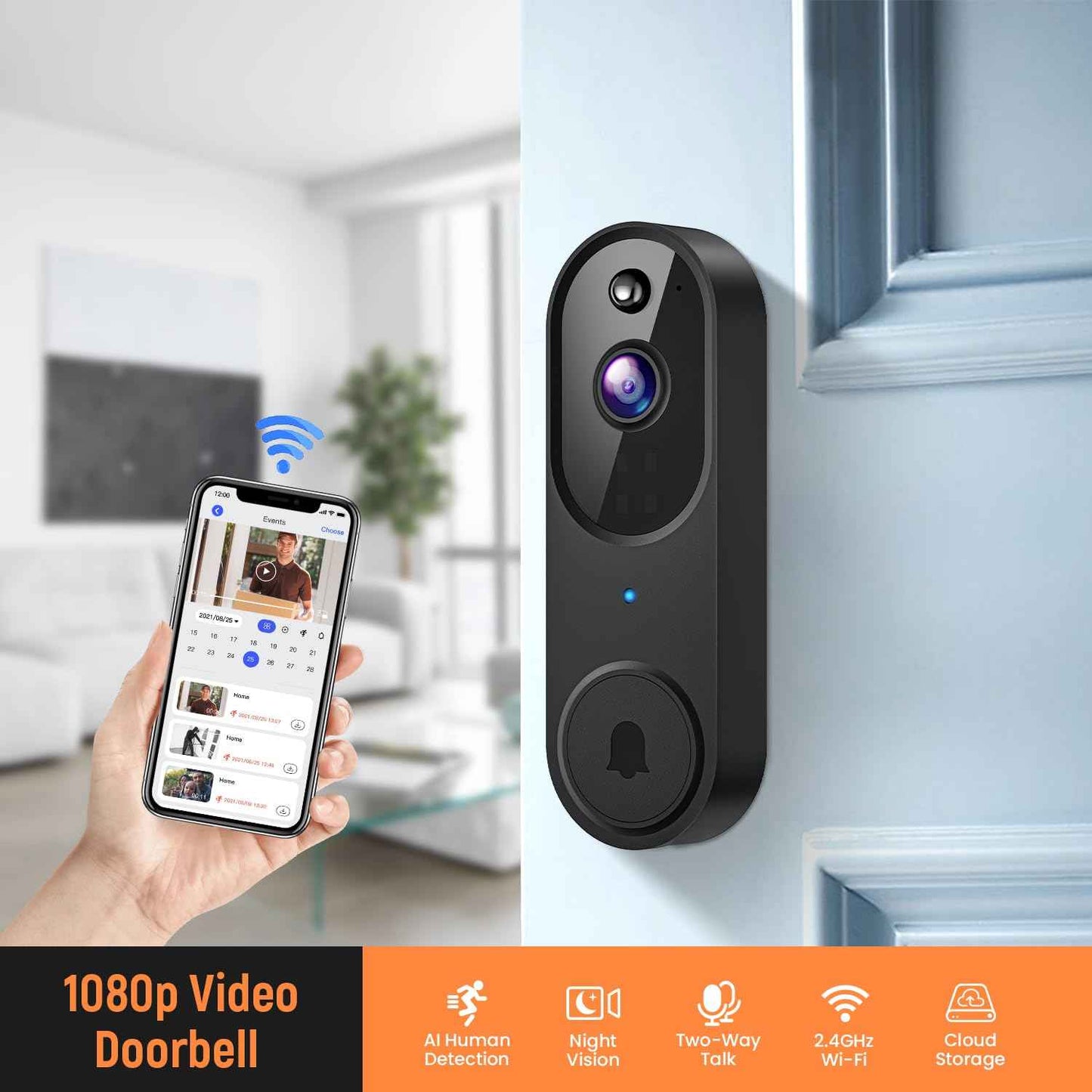 GridTera Smart Video Doorbell Camera Wireless, AI Human Detection and Instant Alerts, Night Vision, 2-Way Audio, Battery Powered, Cloud Storage Sold Seperately, 2.4G WiFi (Chime Included)
