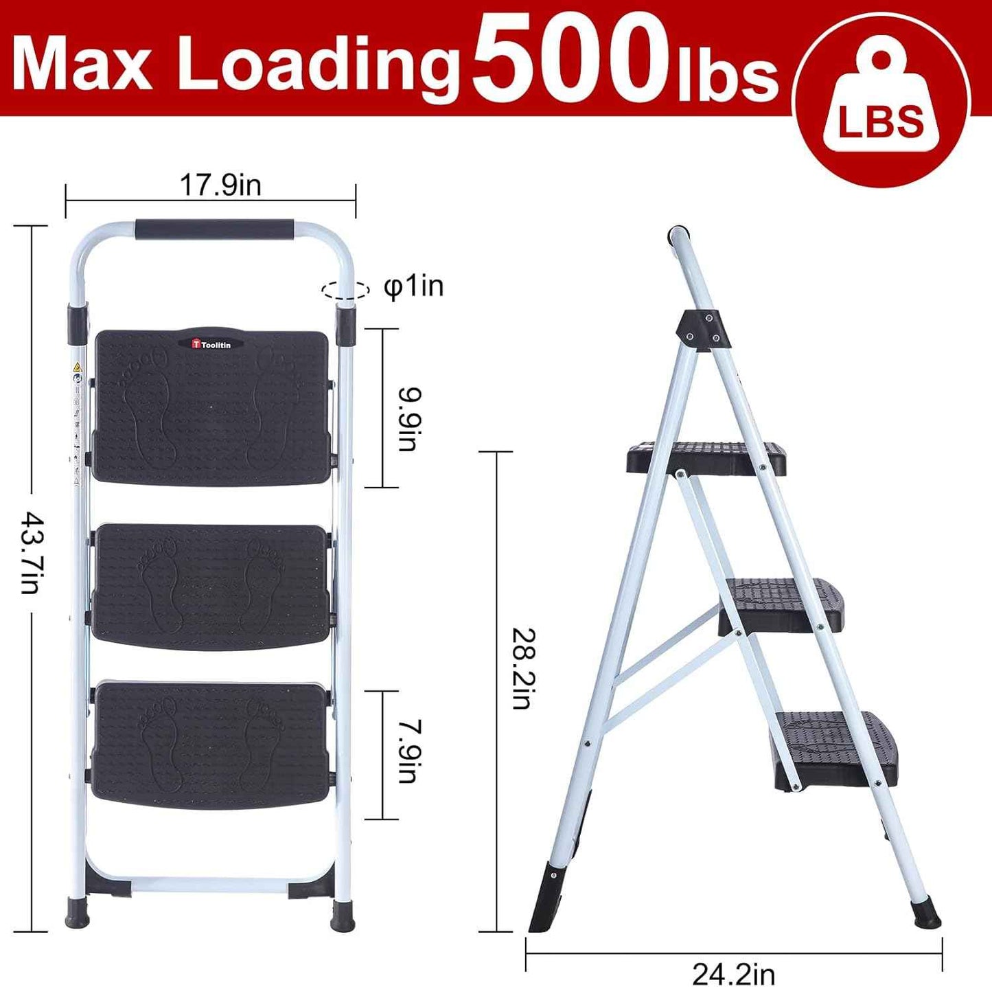 Portable 3-Step Folding Ladder - Sturdy Steel Step Stool with Anti-Slip Pedal & Handgrip, 500lbs Capacity for Home & Office