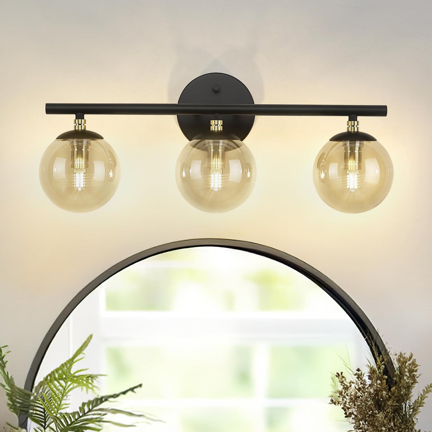 LMS Black Vanity Light, 3-Light Bathroom Light Fixtures 20.5 Inch, Black and Brass Gold Finish with Globe Glass Shade, LMS-117