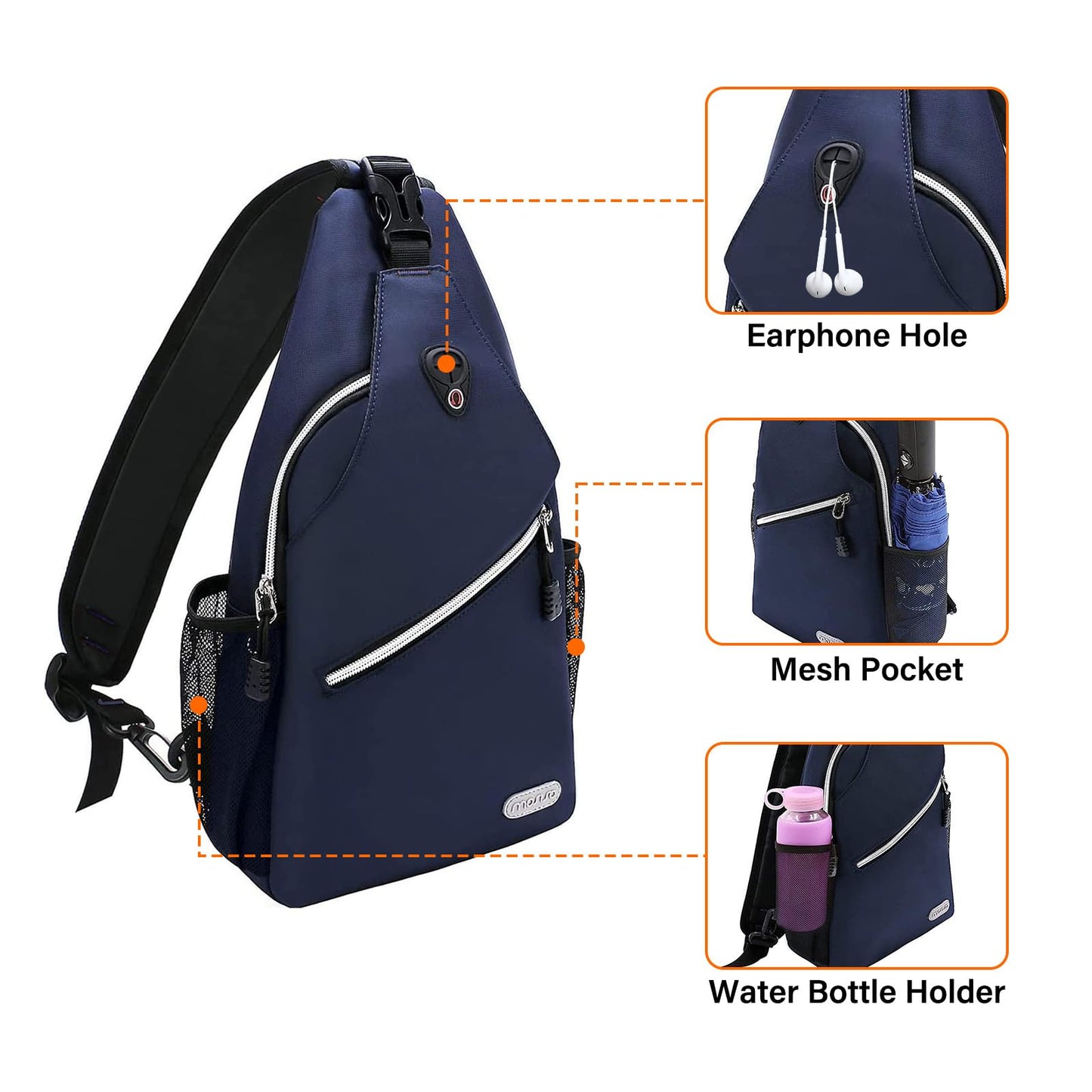 MOSISO Small Sling Bag for Women Men, Casual Crossbody Shoulder Bag, Sling Backpack Chest Daypack forTravel Hiking, Navy Blue, Medium