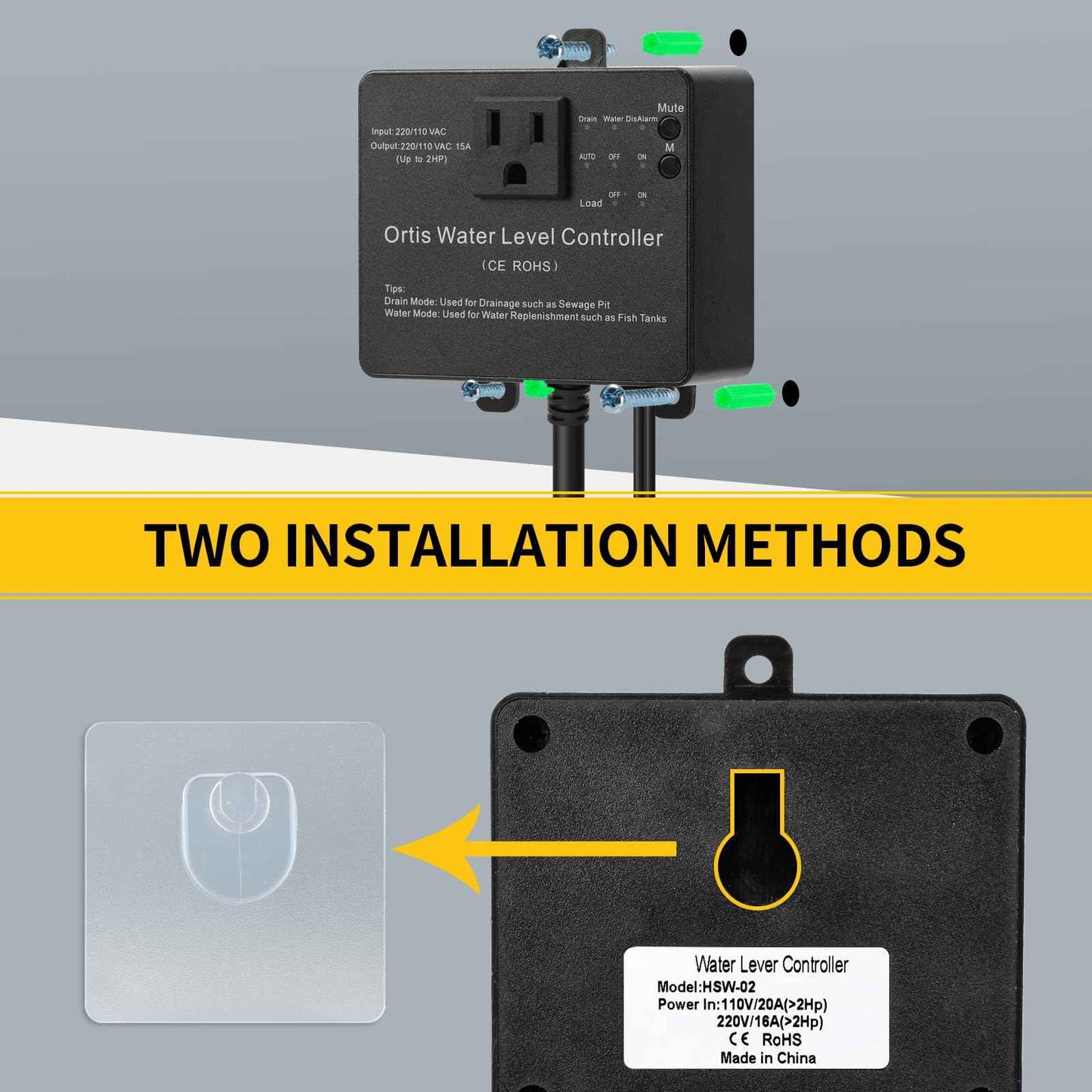 Hi-Lo Sump Pump Switch, Ortis Electronic Adjustable Float Switch Controller with Dual Sensors, LED Indicators, Corrosion-Resistant, 110/220V for Water Tanks Sewage Pits, Black