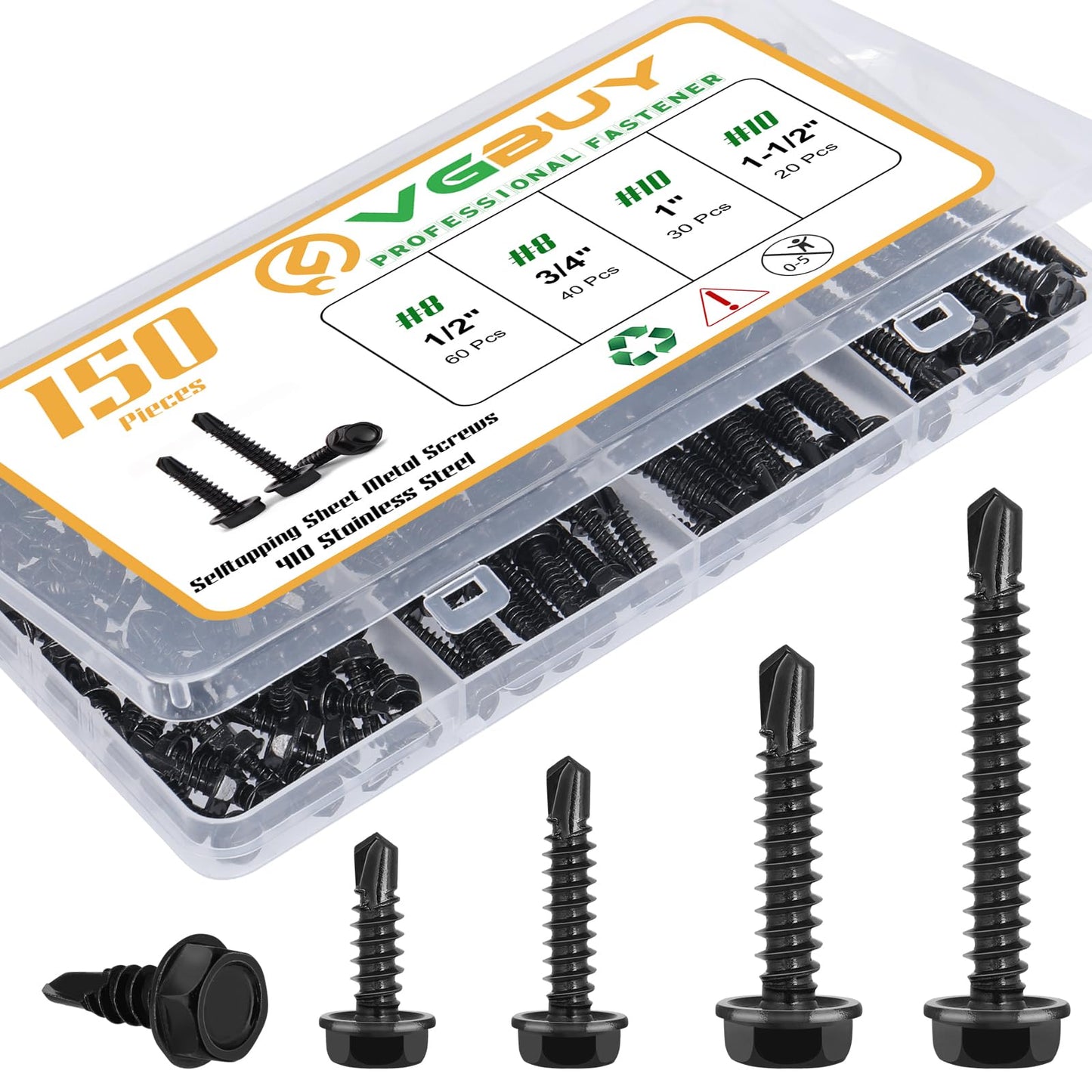 VGBUY 150Pcs Self Drilling Screws Assortment Kit, 410 Stainless Steel Self Tapping Sheet Metal Screws, Black Zinc Plated, #8 1/2" 3/4" #10 1" 1-1/2", Hex Washer Head