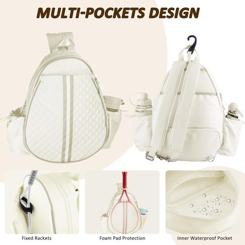 Lufstd Tennis Bags for Women with Ventilated Shoe Compartment, Quilted Tennis Sling Crossbody Backpack with Hook, Water Resistant Tennis Racket Bags Suitable for Pickleball Badminton