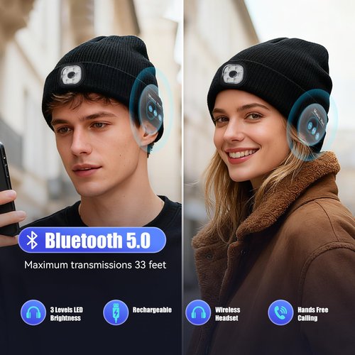 Bluetooth Beanie Hat with Light, Headlamp Cap with Headphones and Built-in Speaker Mic, Gifts for Men Women Husband Him Black