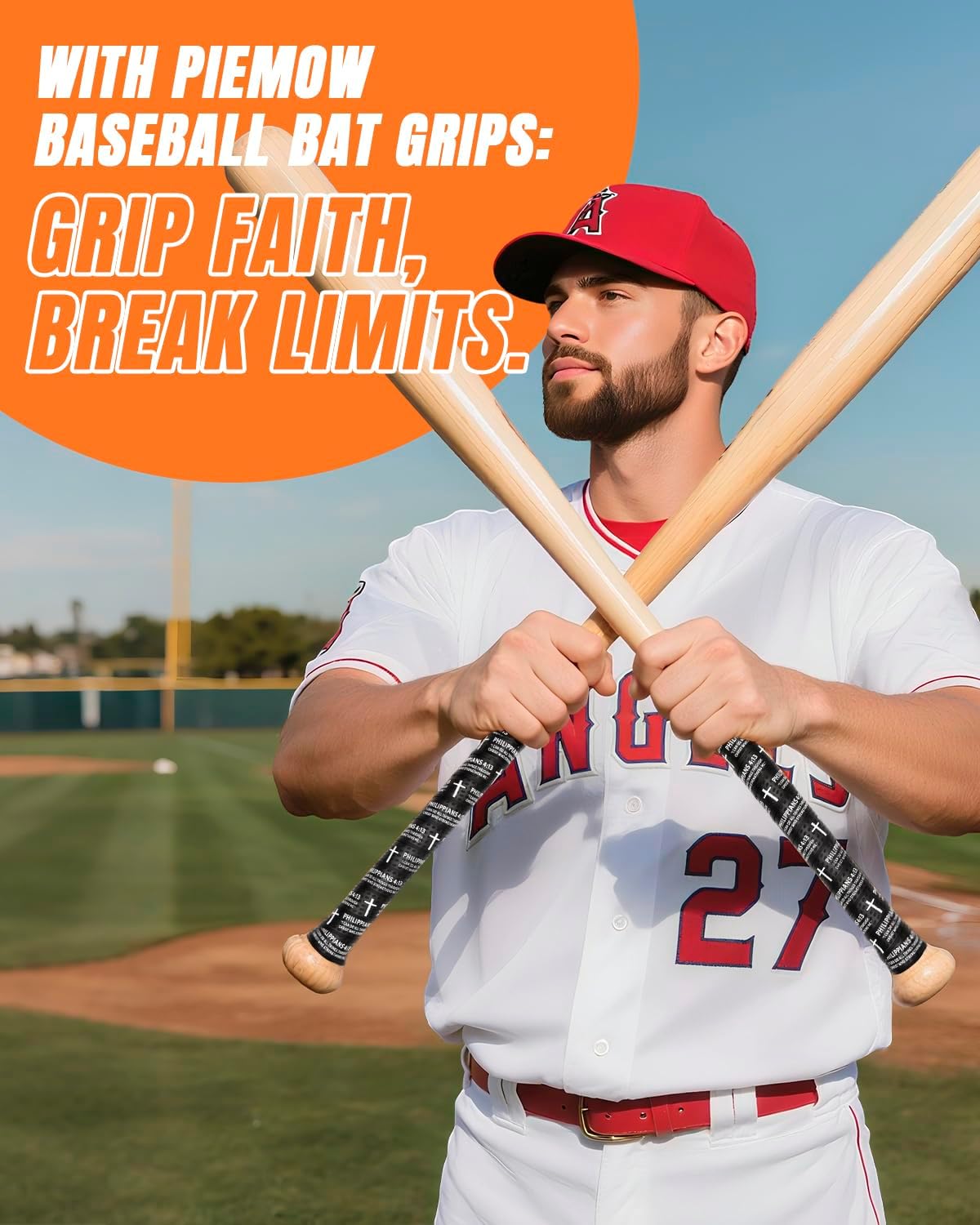 Piemow Baseball Bat Grip Tape - Faith Cross Design | 1.5mm Precut, Non-Slip Adhesive for Sports