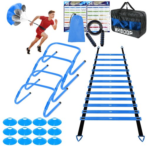 Agility Ladder,Speed Training Equipment Set,20ft Agility Ladder,12 Soccer Cones,4 Hurdles,Jump Rope,Running Resistance,Basketball Soccer Training Equipment with Carrying Bag for Kids Youth Adults-Blue