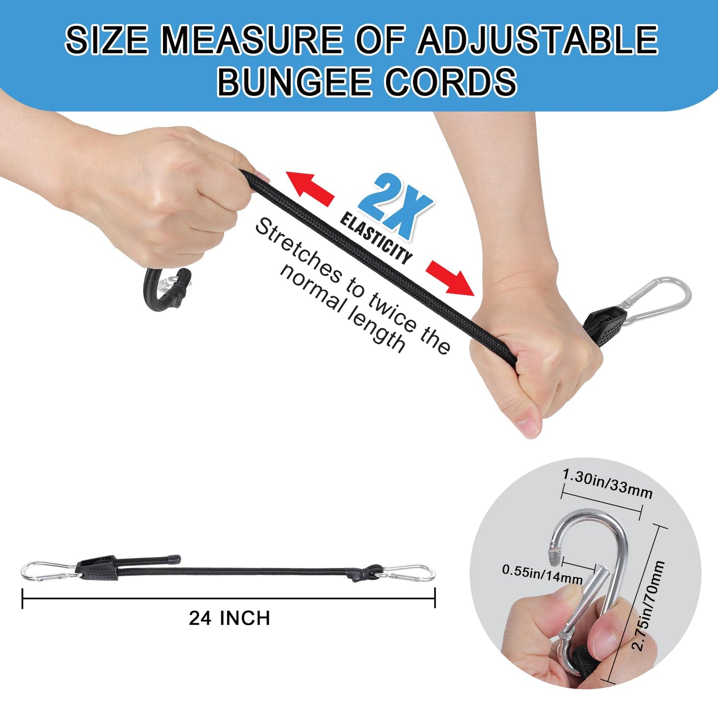 Strgenie Adjustable Bungee Cords with Hooks Heavy Duty Elastic Cords with Clips Carabiner Bungee Cord Elastic Ropes for Outdoor, (4, Black, 24")