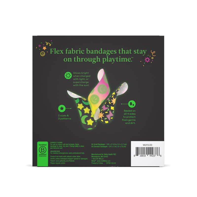 Welly Bandage Glow-in-the-Dark Refill Pack | Adhesive Flexible Fabric Bandages | Assorted Shapes and Patterns for Minor Cuts, Scrapes, and Wounds - 120 Count