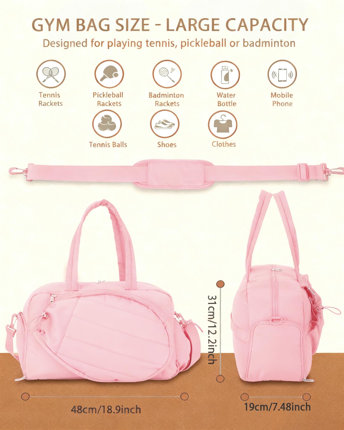 Roomy Tennis Gym Bag for Women - Tennis Tote Holds 2 Rackets, Shoe Compartment & Wet Pocket, Lightweight Sports Duffle, Fits 15.6" Laptop, Overnight Weekend Bag with Shoulder & Hand Straps (Pink)