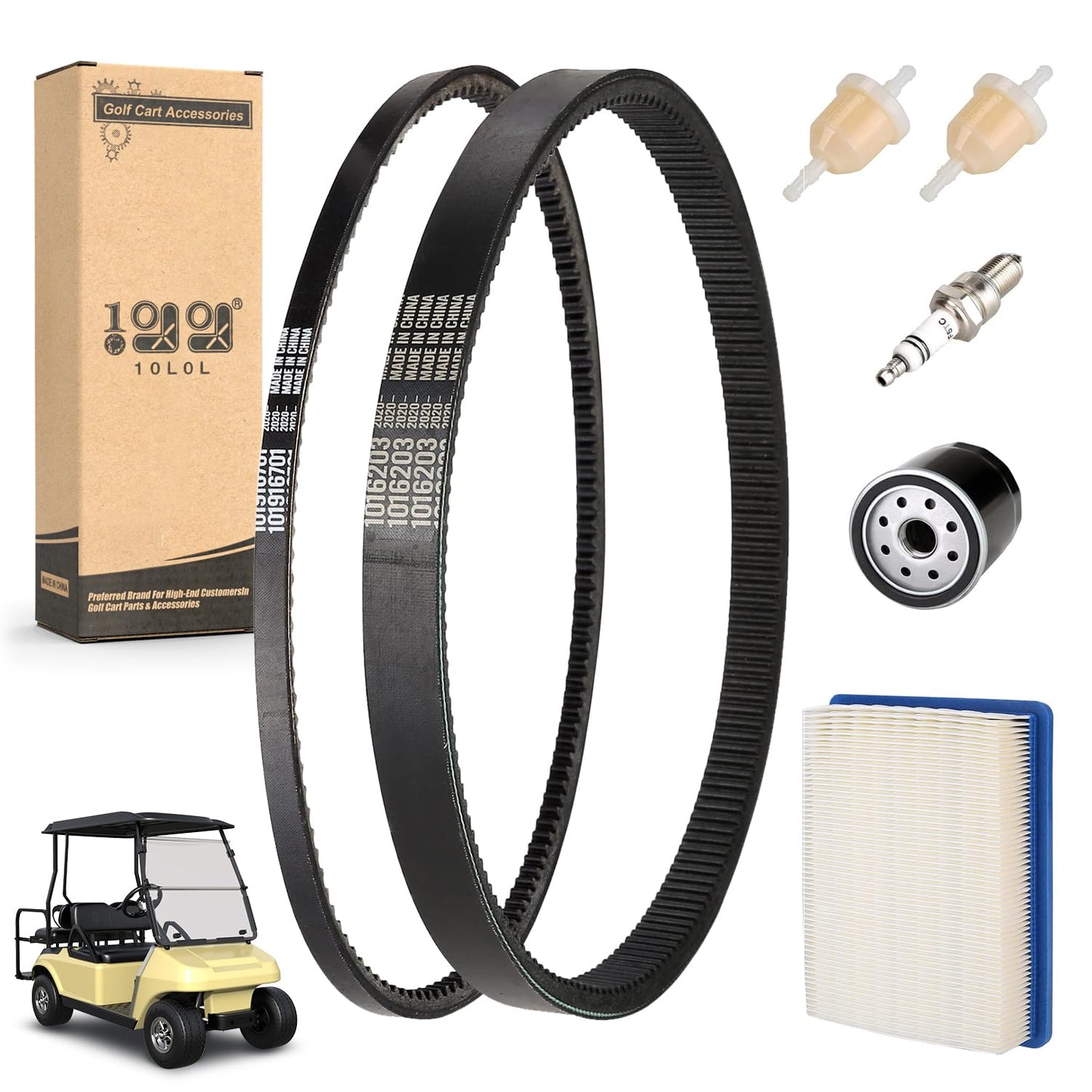 10L0L Golf Cart DS Tune Up Kit W/Clutch Drive Belt &Generator Belt fit 1992-2004 Club Car DS Gas Models with FE290,FE350 Kawasaki Motor, Incl. Air & Oil Fuel Filters Spark Plug,OEM 1025582, 101916701