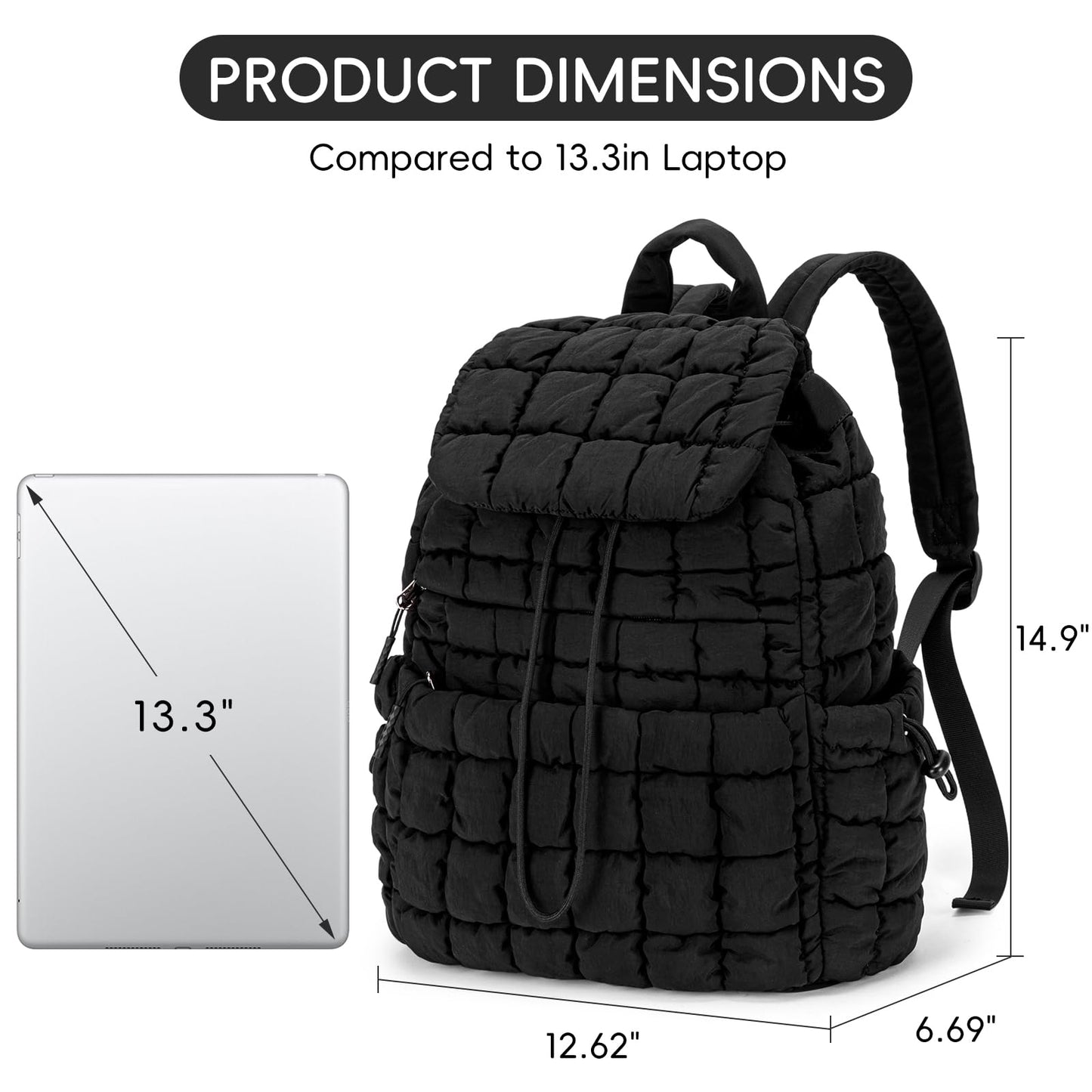 CLUCI Puffy Quilted Backpack for Women, Casual Lightweight Daypack for Women Travel (Black)