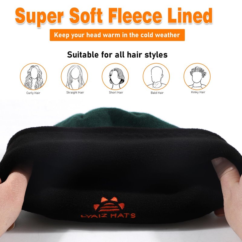 Lvaiz Winter Fleece Lined Knitted Beanie Hats for Men Reversible Windproof Watch Hat Warm Skull Cap for Women(Dark Green+Black)