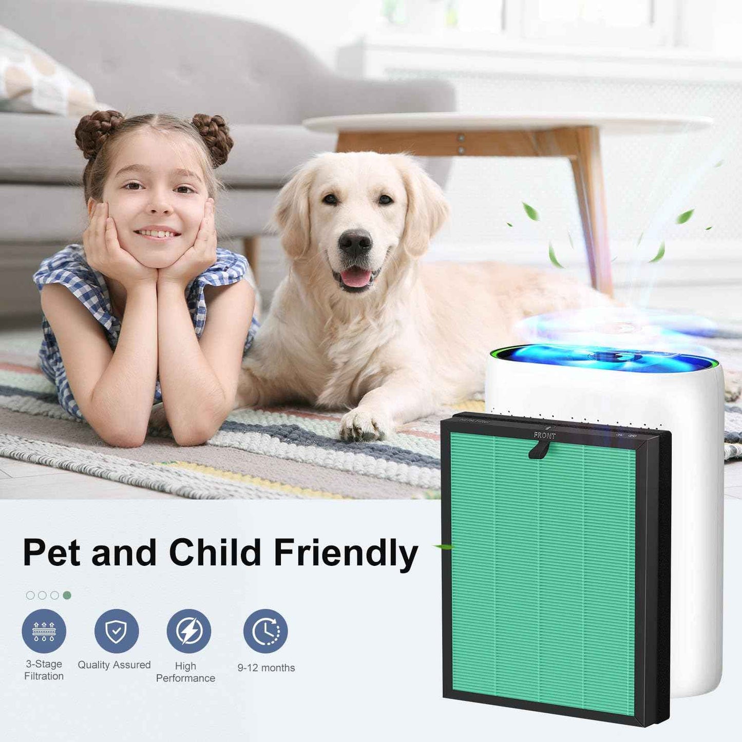 MKD05 Air Filter Replacement Compatible with AROEVE MKD05 Air Purifier, 4-in-1 High-Efficiency HEPA Filter, True HEPA Filter with Activated Carbon Filter, 2 Pack (MKD05-Green-Pet-2Pack)