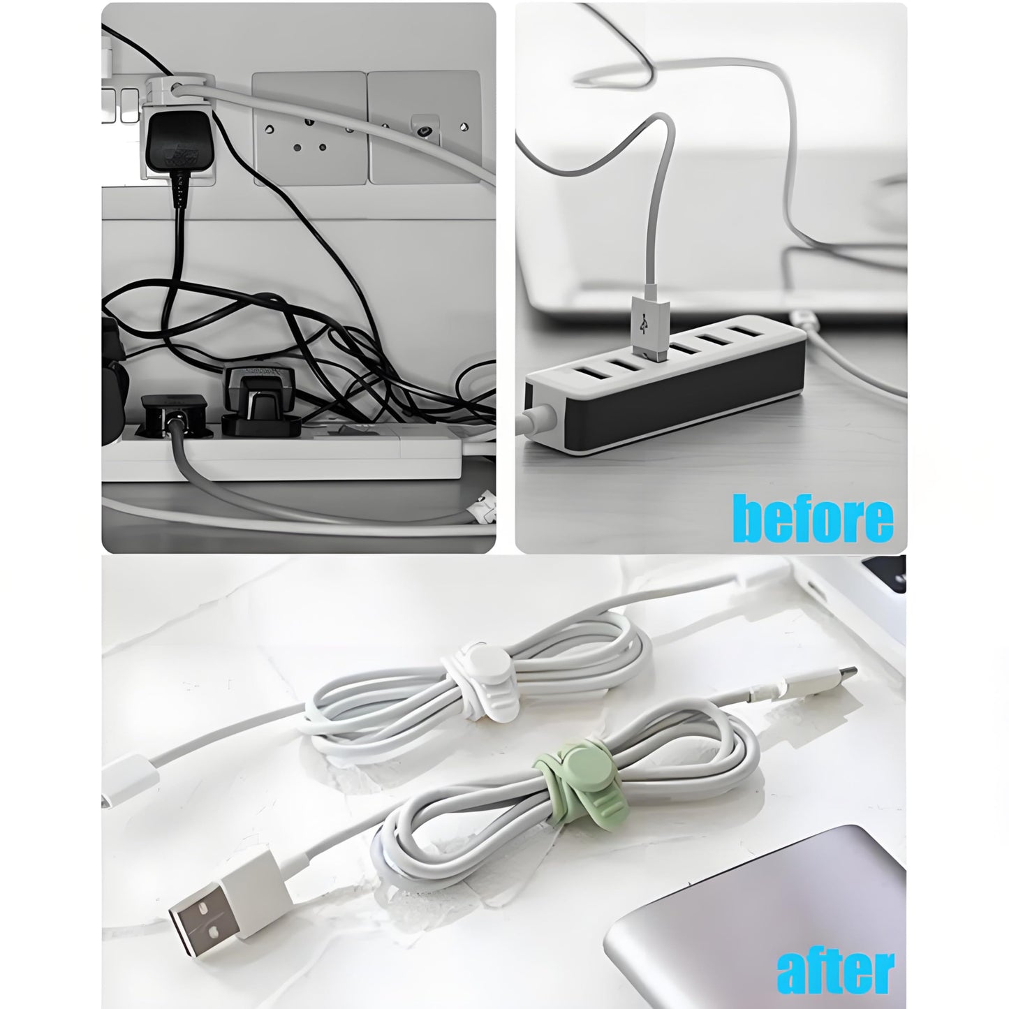 120 Pcs Cable Organizer Set, 20pcs Silicone Cable Ties Reusable & Nylon Cable Ties 100pcs, Multipurpose Elastic Cord Management Organizer for Charger, USB, Phone, Data Cables - Black White Green Grey