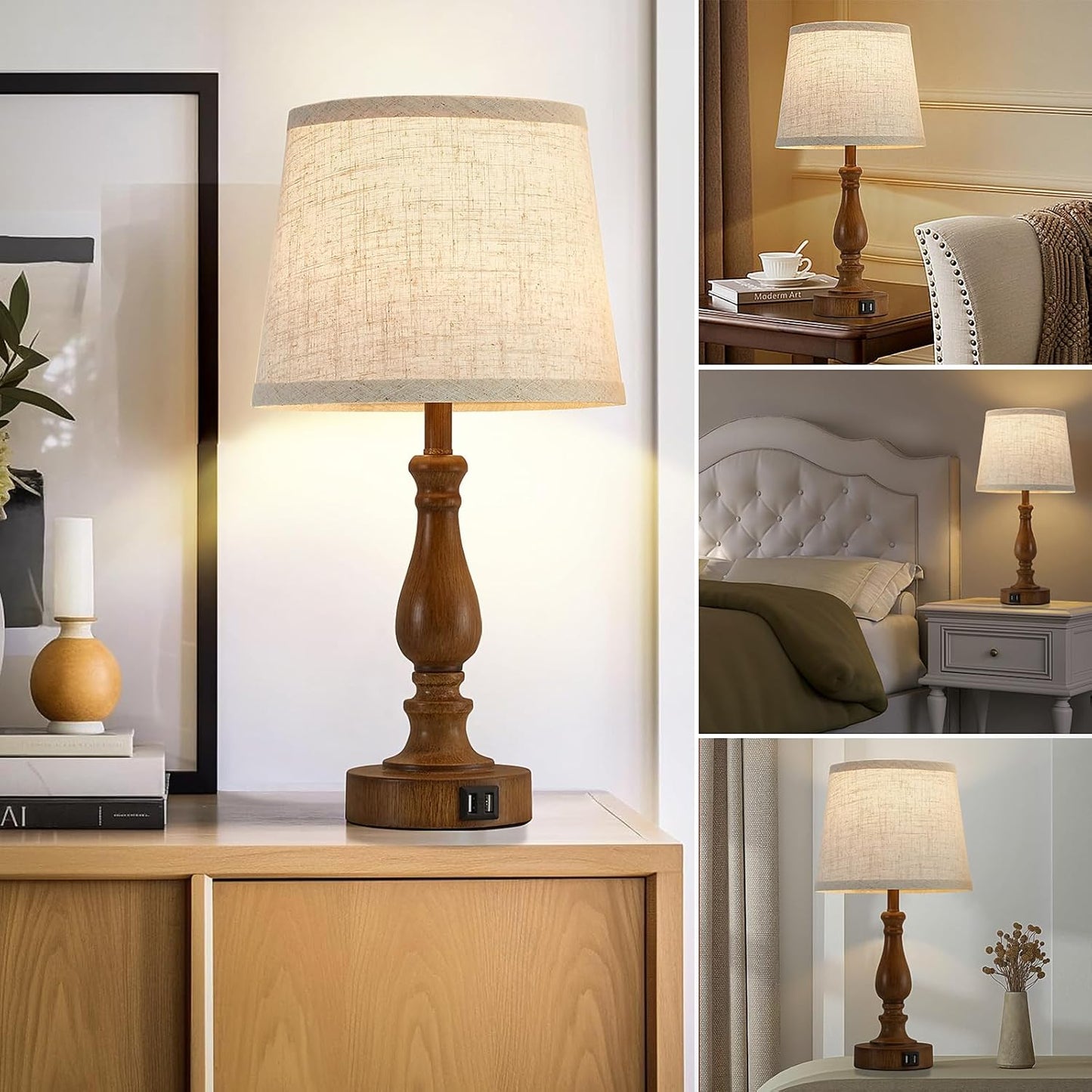 Touch Bedside Table Lamps Set of 2 with USB C+A Ports - 3-Way Dimmable Linen Shade