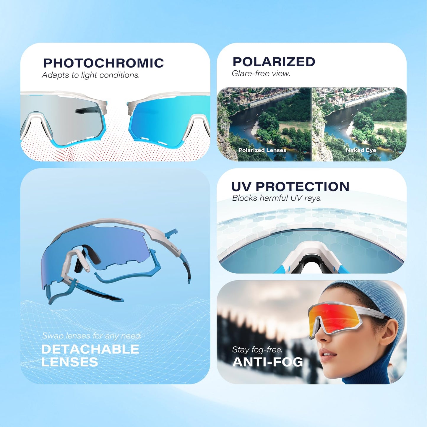 GONTSAM Polarized Cycling Glasses with Photochromic Effect, UV400 Protection, Detachable Sports Sunglasses with Winter Anti-Fog for Men & Women