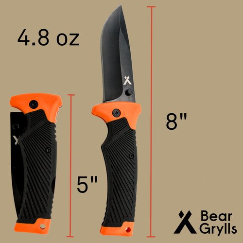 Bear Grylls Ultimate Folding Knife, 3.6" Steel Blade, EDC Knife with Rubberized Grip, Includes Sheath with Belt Loop - Black and Orange