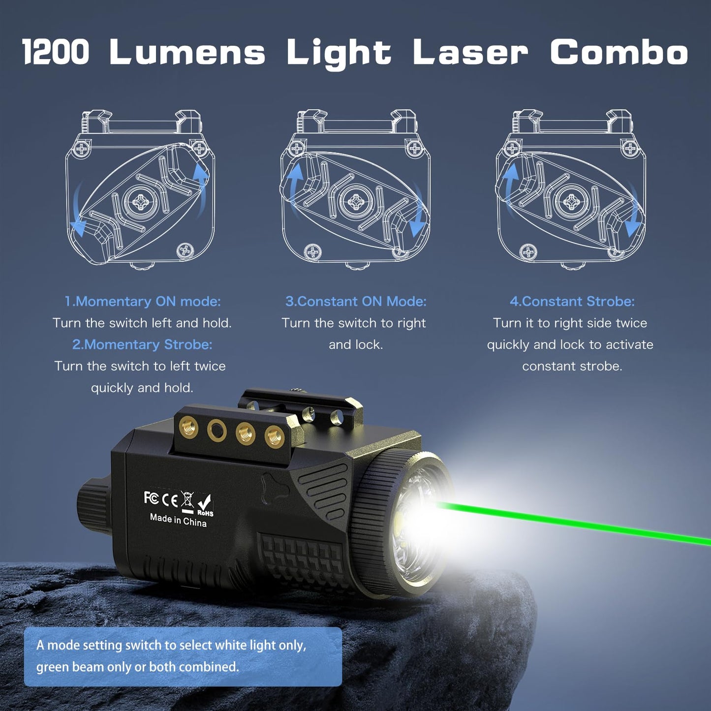TacFlare Laser Light Combo - 1200 Lumens Green Laser Beam Flashlight for Glock Pistol Gun Picatinny 1913 Rail, Tactical Subcompact Weapon Laser and Flashlight, USB C Rechargeable, 3mW