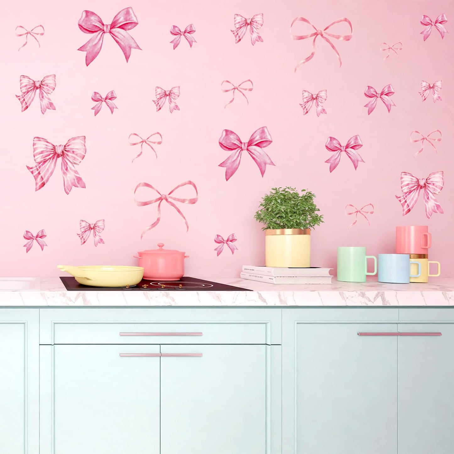 Whaline 12 Sheets Trendy Pink Bow Wall Stickers Light Pink Bow Knot Wall Decals Watercolor Room Mural Stickers for Valentine's Day Girls Party Home Bedroom Nursery, 7.9 x 11.8 Inch