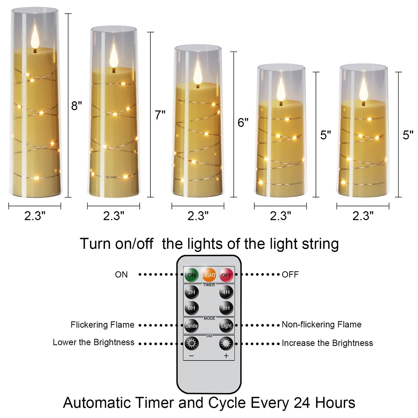 DRomance Flickering Flameless Candles String Lights with 11-Key Remote and Timer Battery Operated LED Pillar Candles Unbreakable Plastic Glass 3D Wick Mood Light Christmas Holiday Decor-5 Pack Black