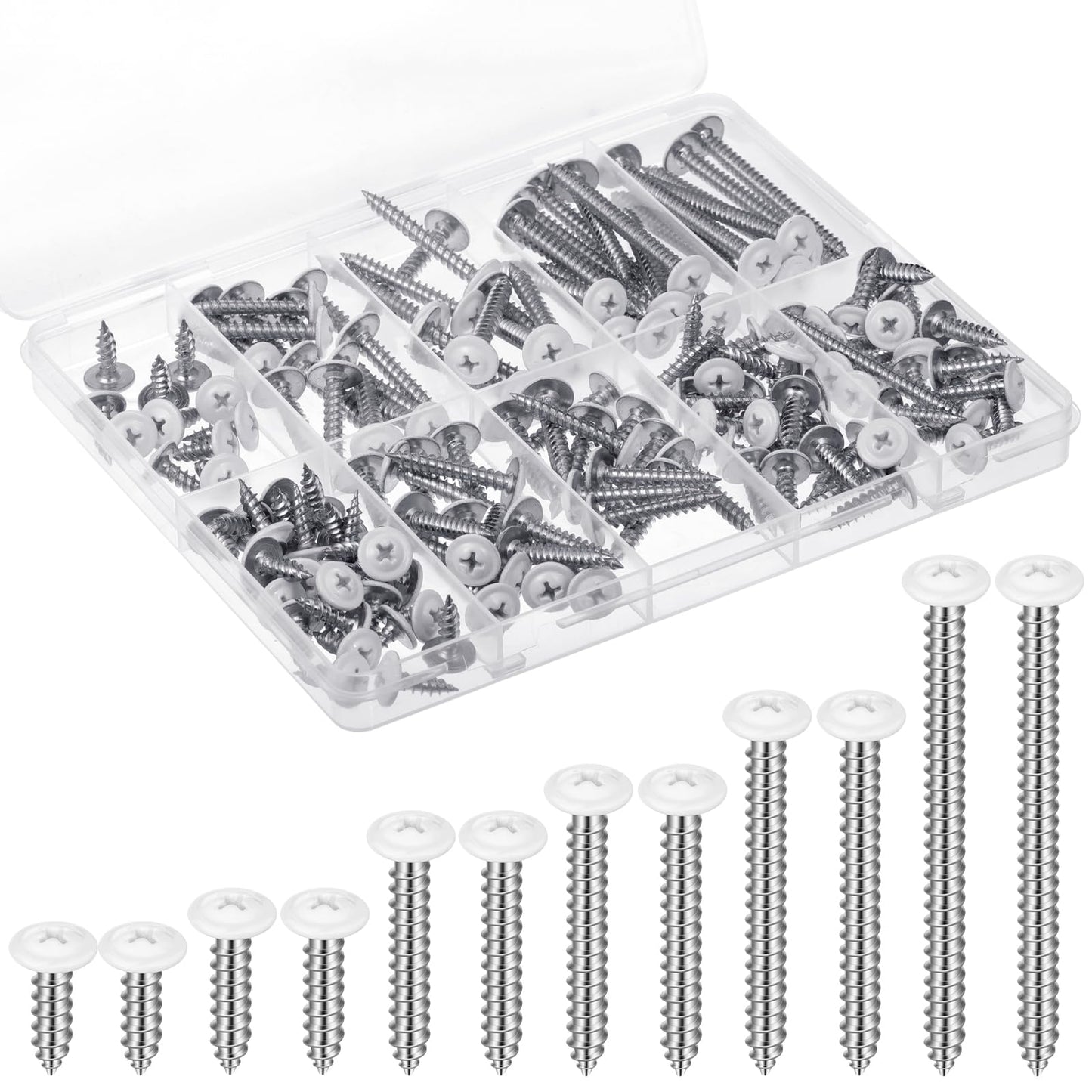 150PCS White Head Screws #8 Wood Screws for 3.6mm-3.8mm Holes,1/2”, 3/4”, 1”,1-1/4”, 1-1/2”, 2” Size White Pan Cabinet Screws for Wood, Shutters,Book Shelf,Wall Plate,Shiplap,Blank Plates