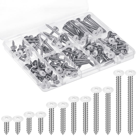 150PCS White Head Screws #8 Wood Screws for 3.6mm-3.8mm Holes,1/2”, 3/4”, 1”,1-1/4”, 1-1/2”, 2” Size White Pan Cabinet Screws for Wood, Shutters,Book Shelf,Wall Plate,Shiplap,Blank Plates