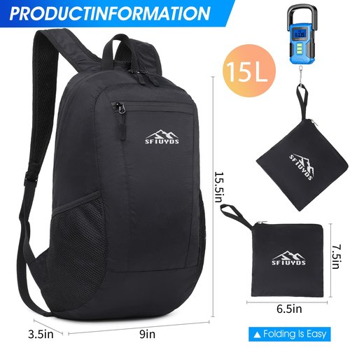 SFIUYDS Lightweight Hiking Backpack Small,Waterproof Hiking Daypack,Foldable Backpack for Travel,Ultralight Daypack(Nylon, Black)